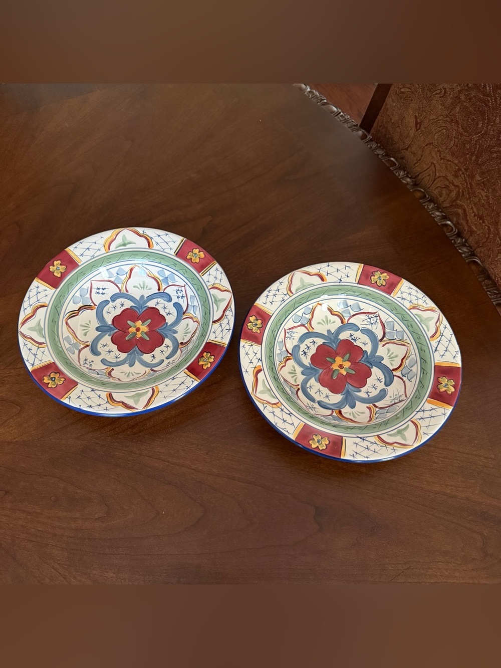 Set of 2 Tabletops Gallery Cordova Hand Painted Ceramic Pasta Soup Bowls 9.75"